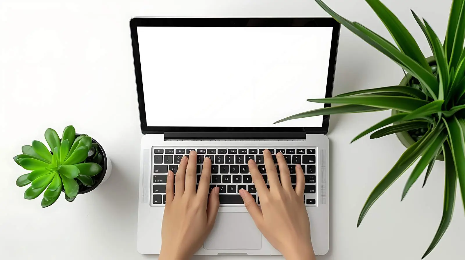 Hands Typing on Laptop with Blank Screen — free download from Dotvec