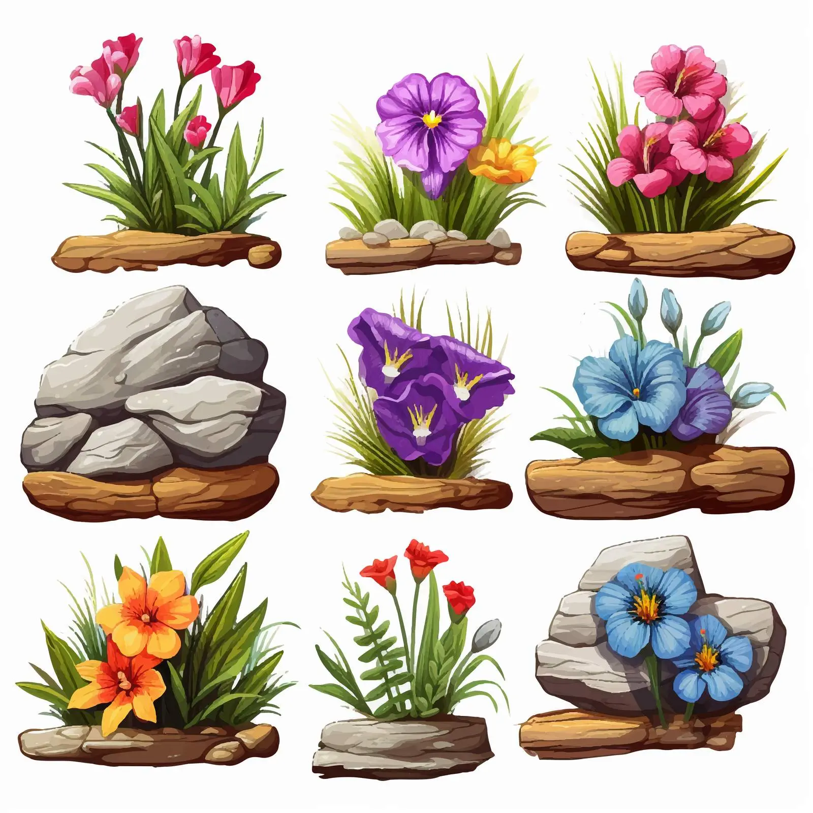 Colorful Flower Arrangement on Rocks and Wood — free download from Dotvec