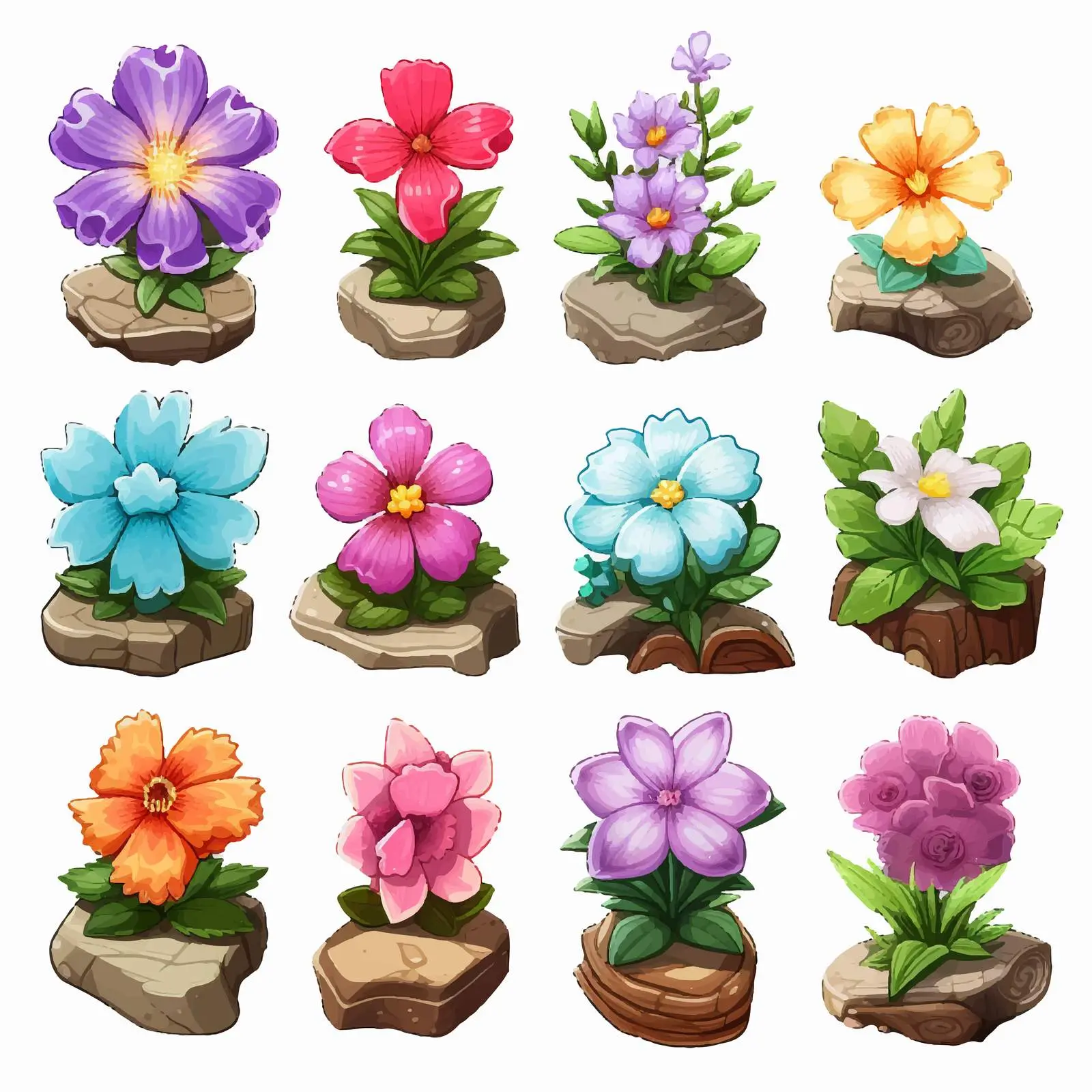 Colorful Flower Vector Illustration on Rocks and Wood – free botanical graphics image from Dotvec