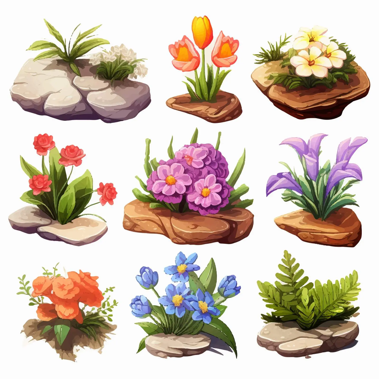 Colorful Flower Illustration on Rocks and Wood – free whimsical flower image from Dotvec