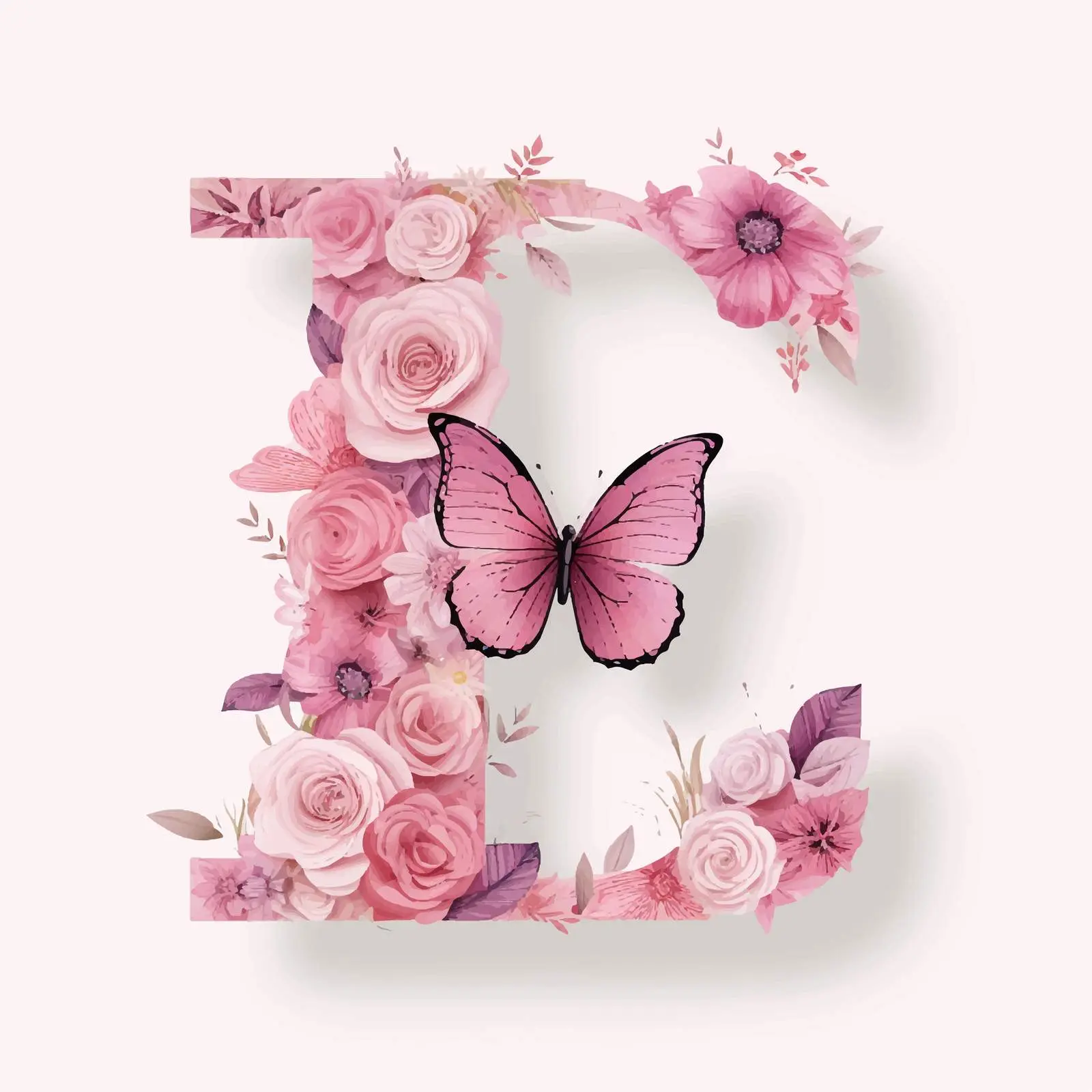Elegant E on Rose Pattern with Butterflies — free download from Dotvec