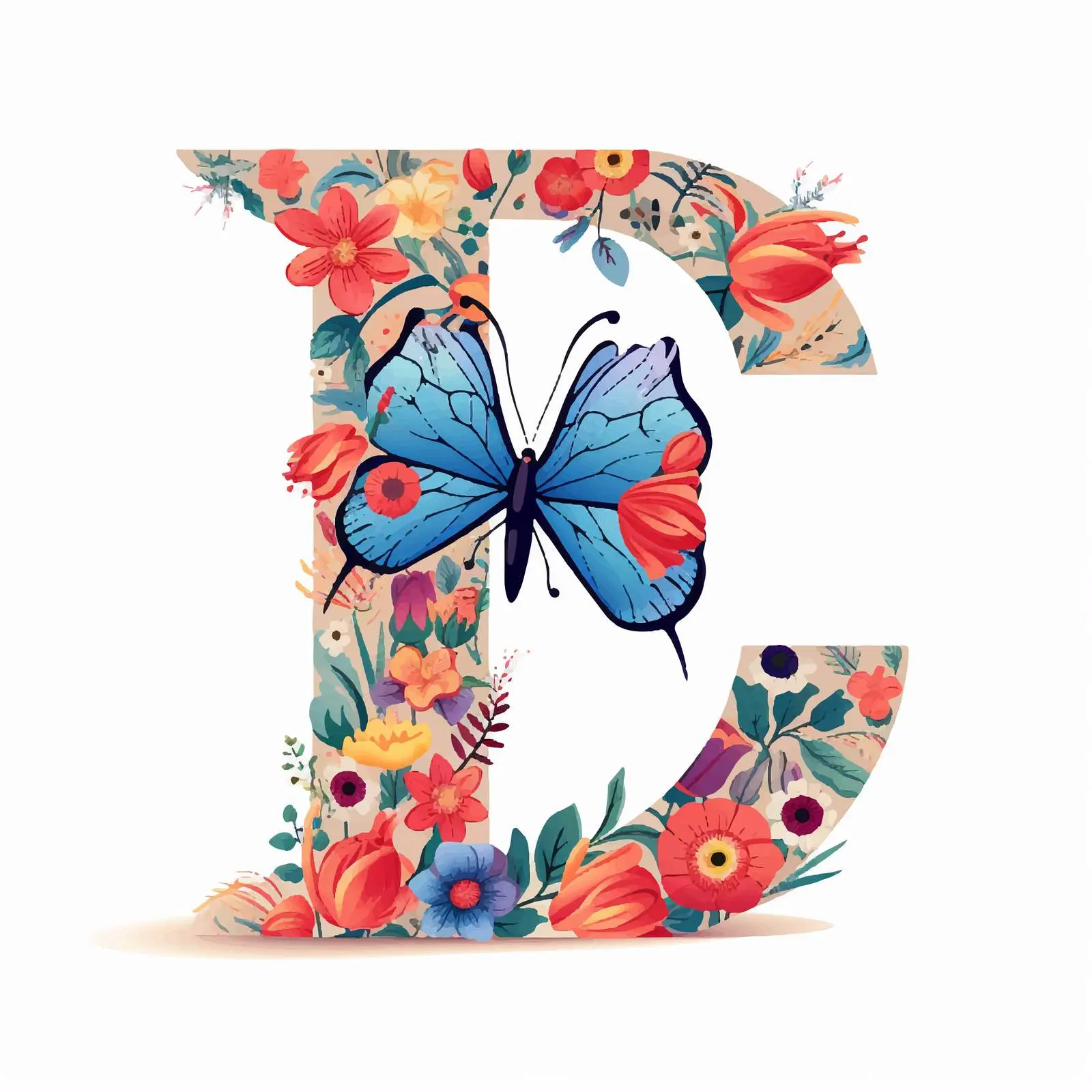 E Letter on Rose Pattern with Butterflies – free artistic typography image from Dotvec