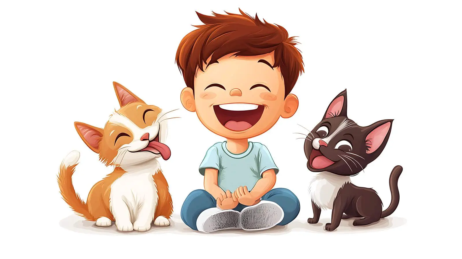 Boy with Dog and Cat Laughing on White Background — free download from Dotvec
