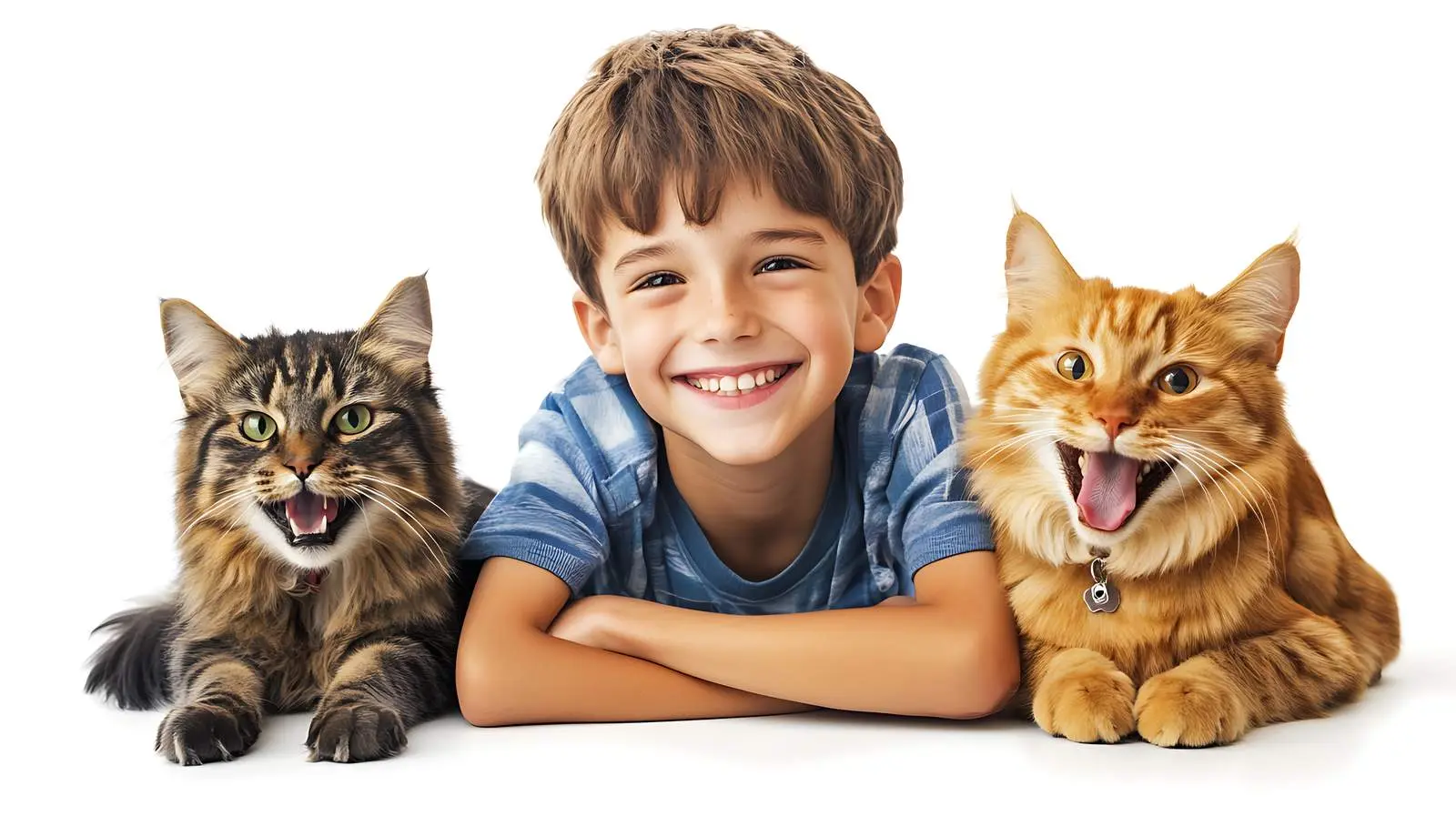Boy Laughing with Dog and Cat on White Background – free laughing image from Dotvec