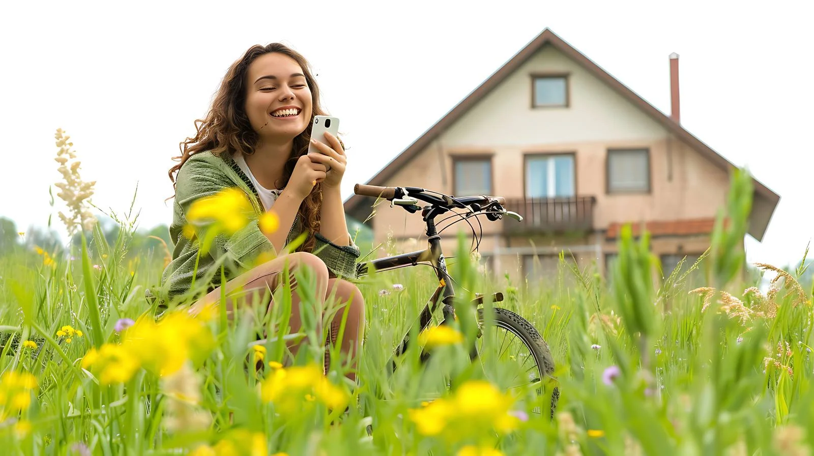 Joyful Woman Using Phone with Bicycle — free download from Dotvec