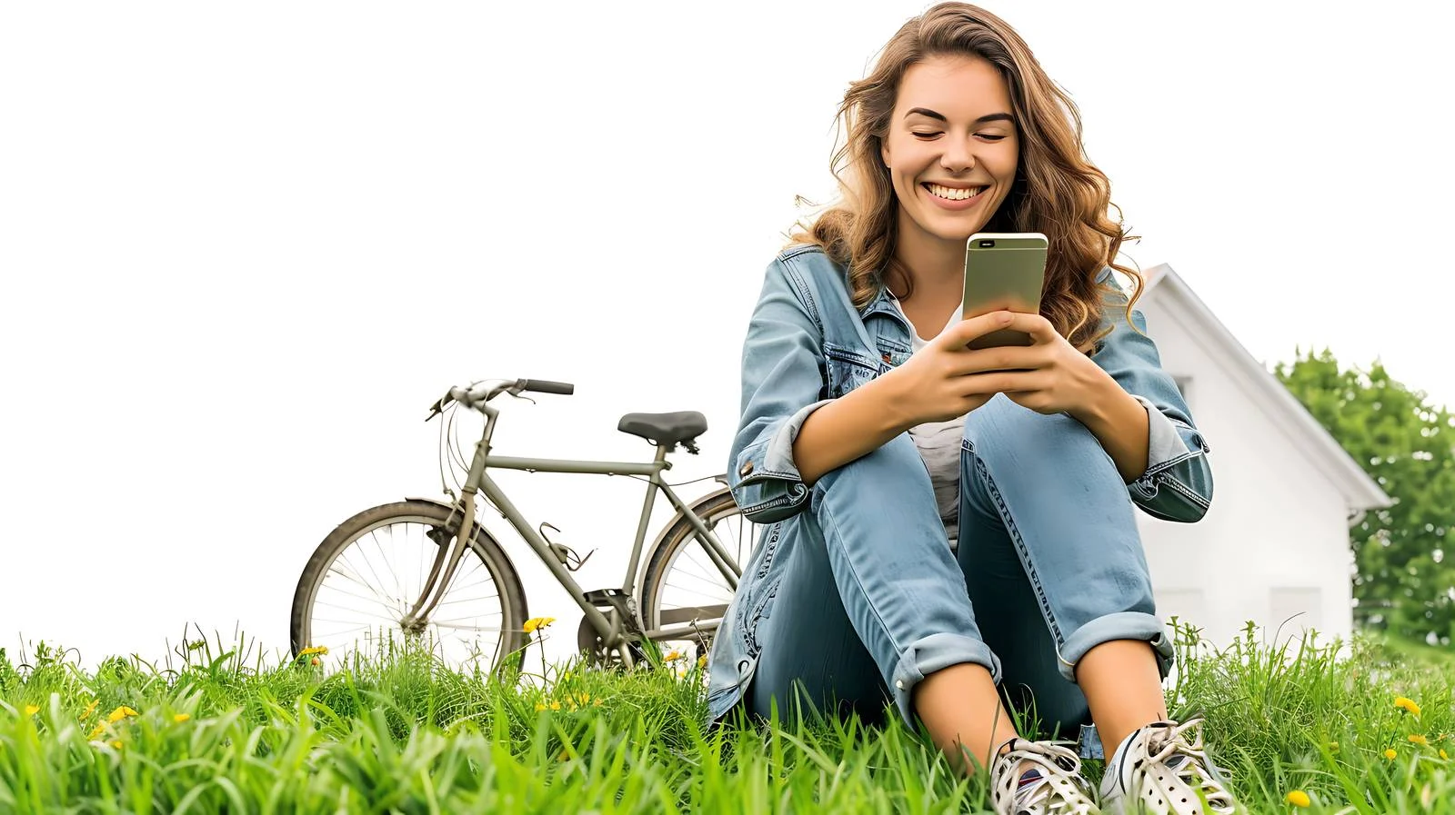 Joyful Woman with Bike Using Smartphone Outdoors — free download from Dotvec