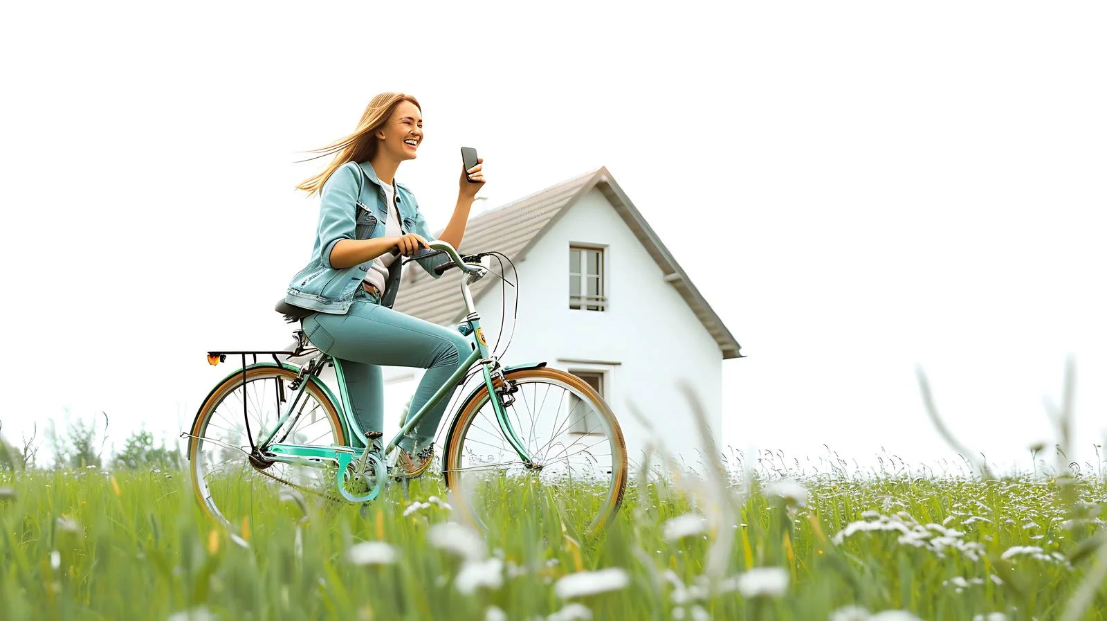 Cheerful Woman with Cell Phone and Bicycle — free download from Dotvec