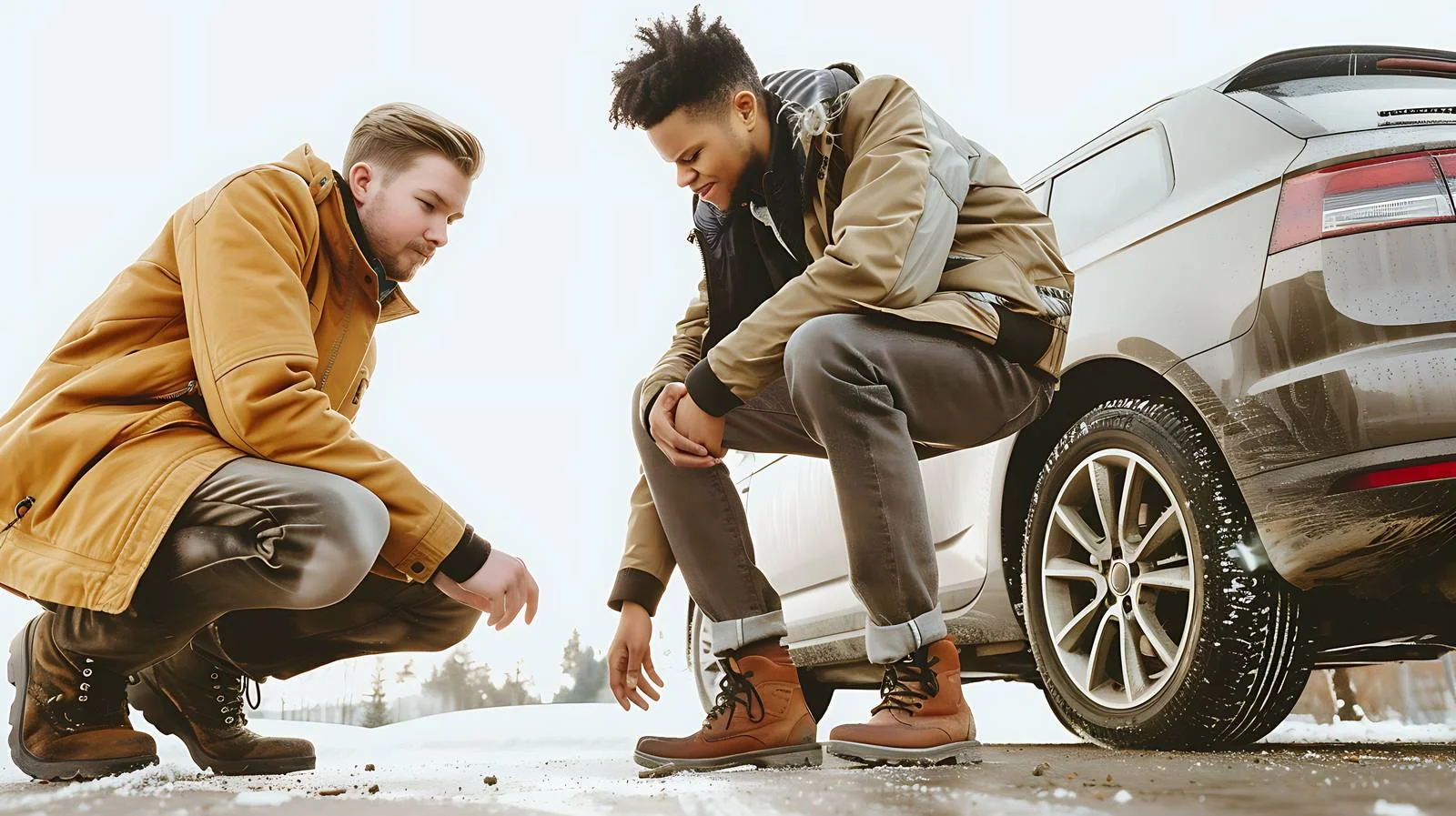 Learner Driver Instructor Inspecting Car Tire — free download from Dotvec