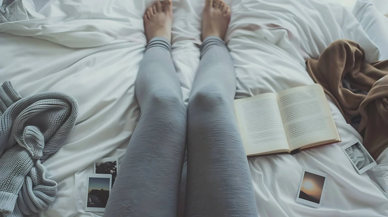 Cozy woman reading book in bed with polaroid — free download from Dotvec