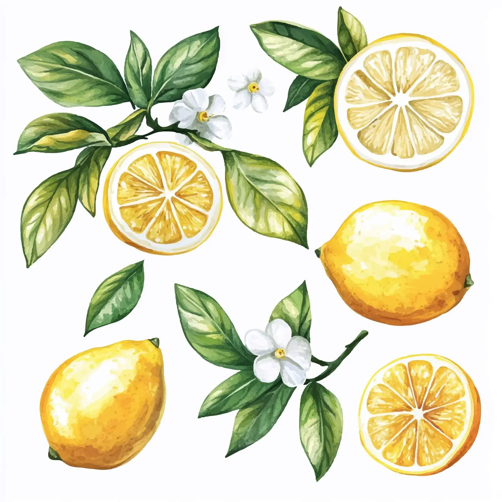 Watercolor Citrus Lemon Flowers and Leaves Set — free download from Dotvec