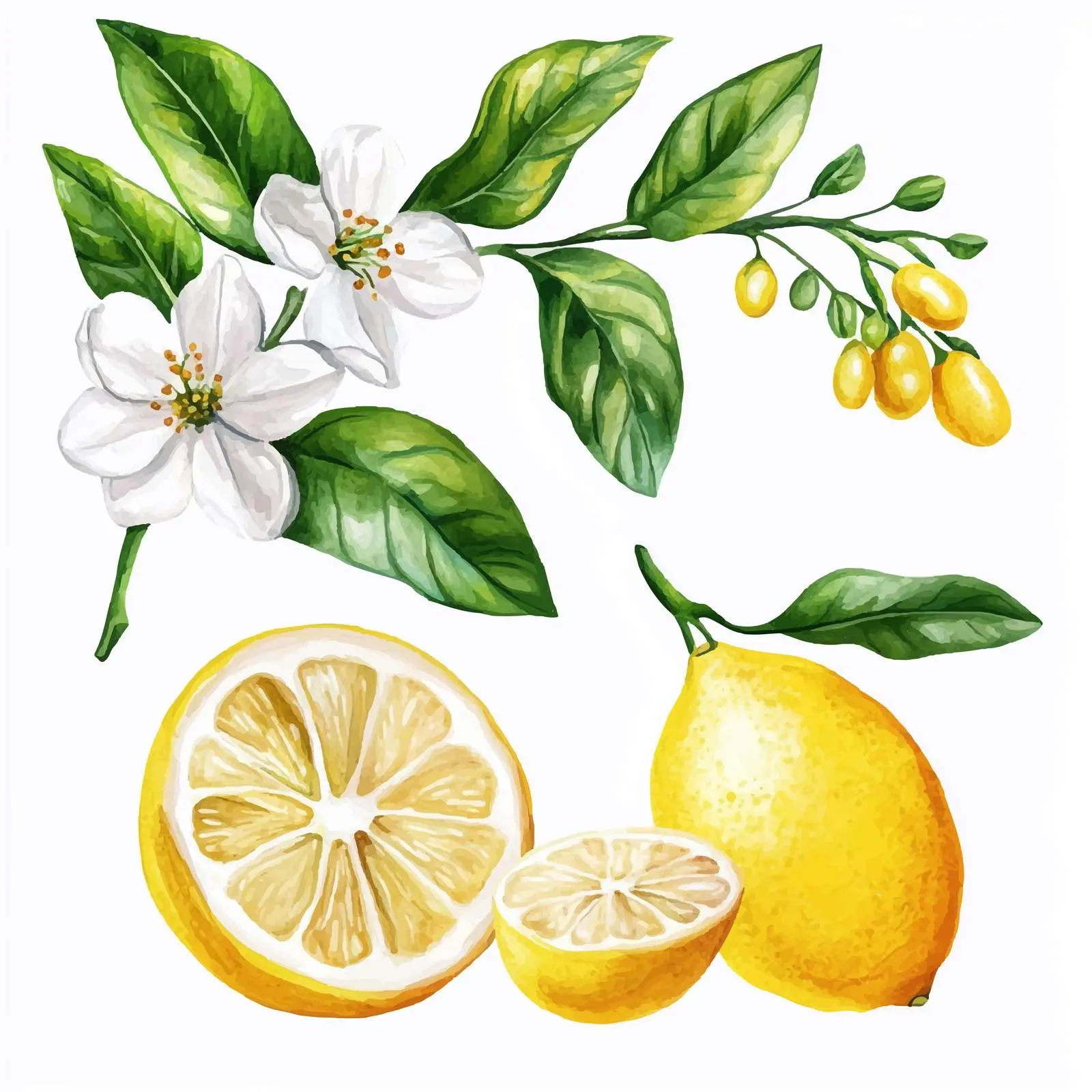 Lemon Watercolor Flowers and Leaves Set — free download from Dotvec
