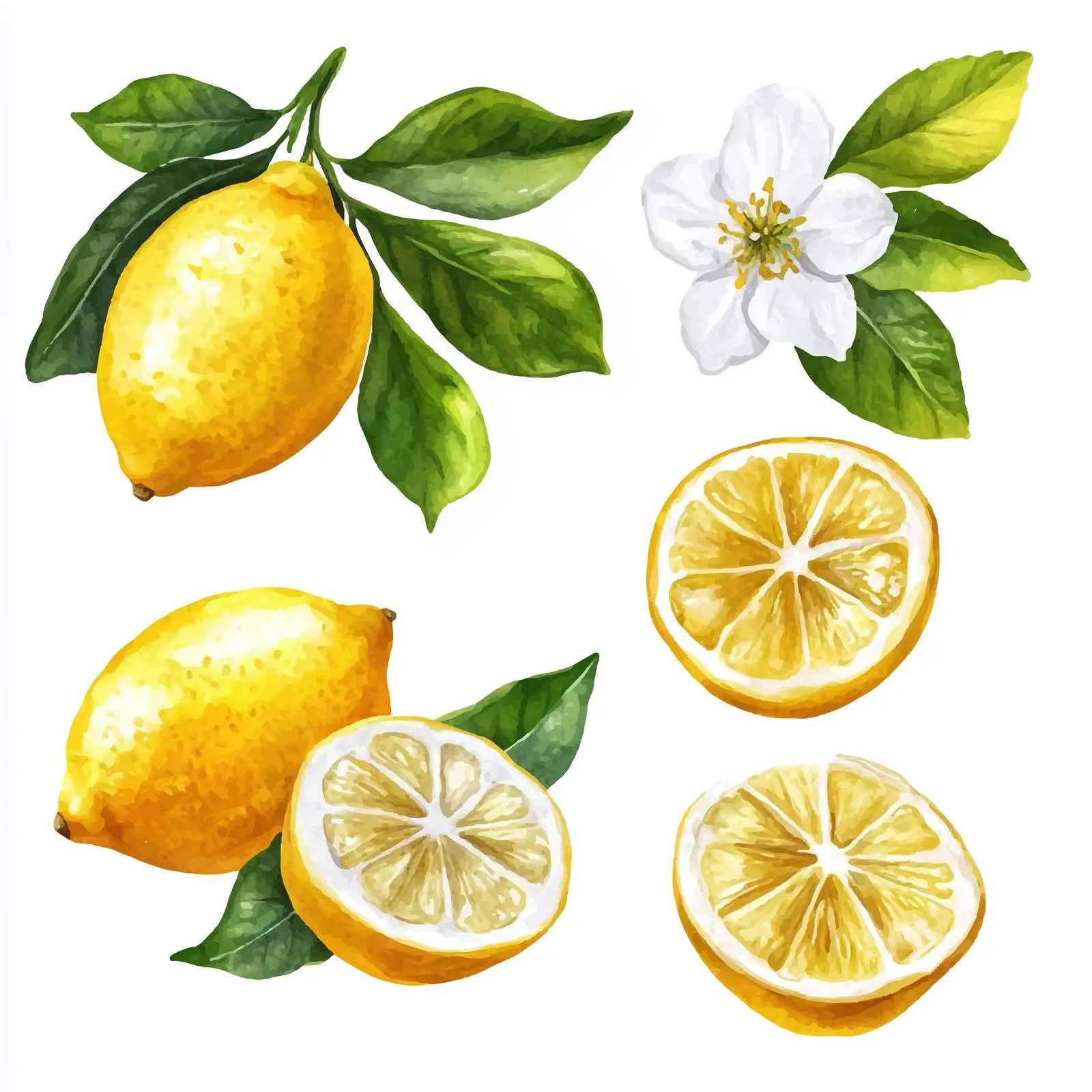 Watercolor Citrus Lemon Flowers and Leaves Set — free download from Dotvec