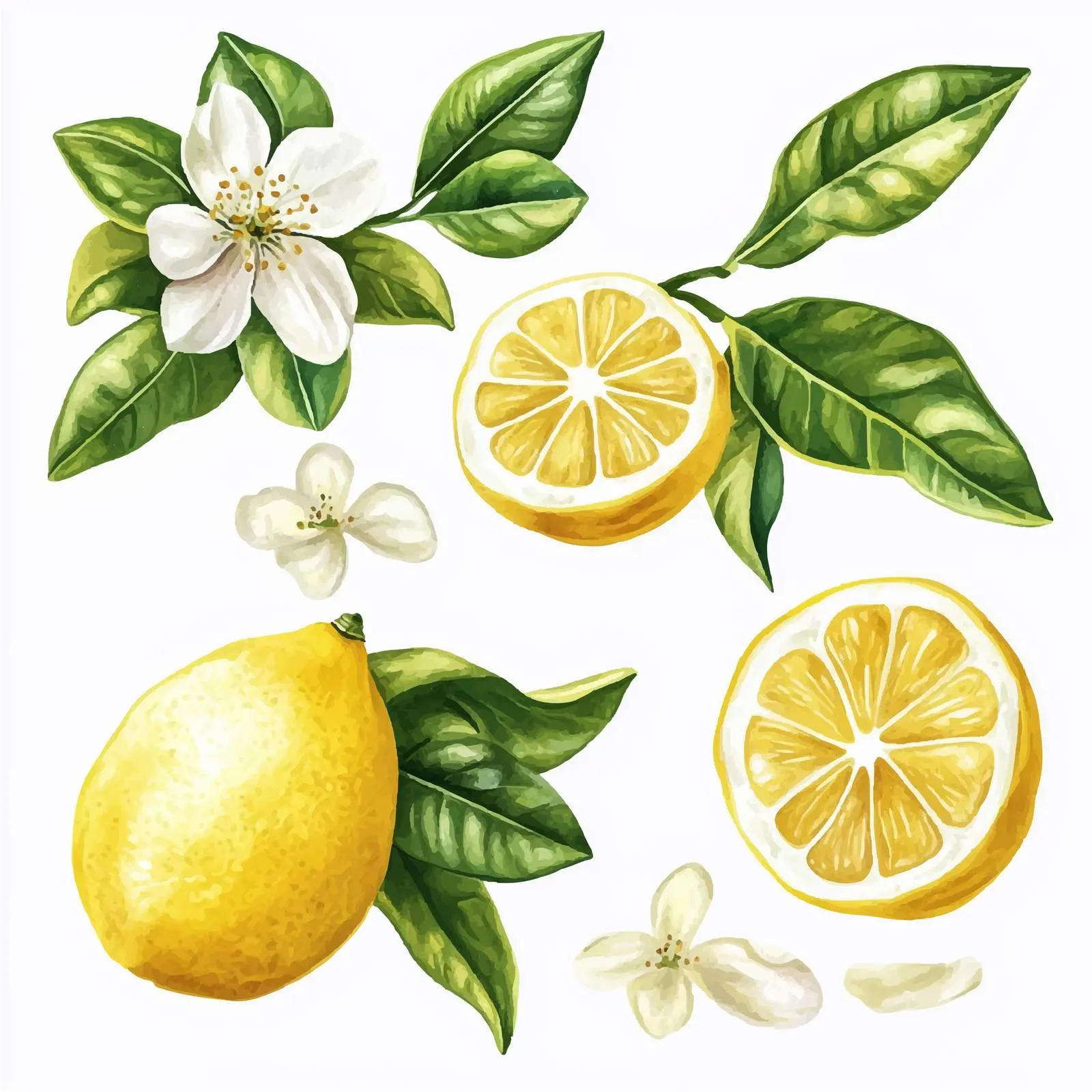 Watercolor Lemon Flowers and Leaves Vector Set — free download from Dotvec