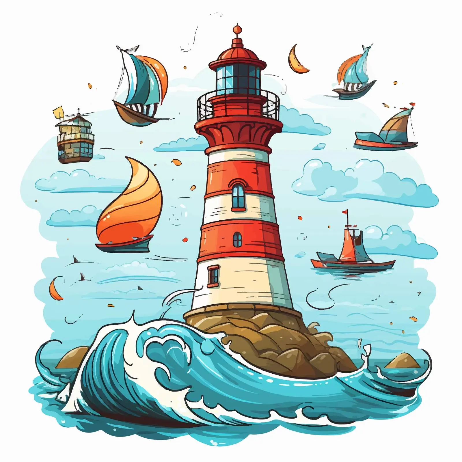 Lighthouse and Ocean Elements Vector Illustration — free download from Dotvec