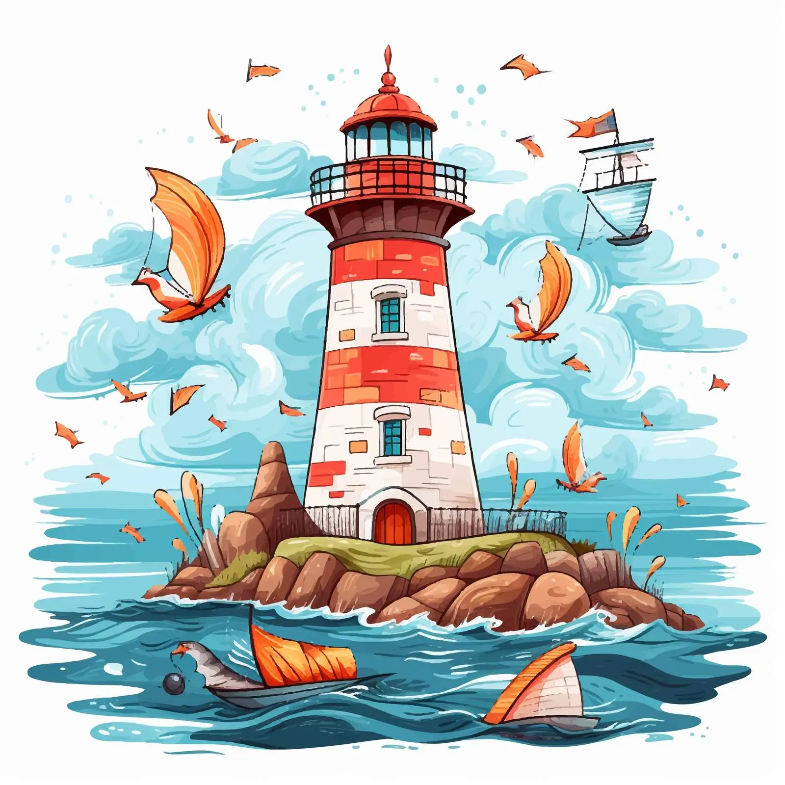 Lighthouse and Ocean Elements Vector Illustration — free download from Dotvec