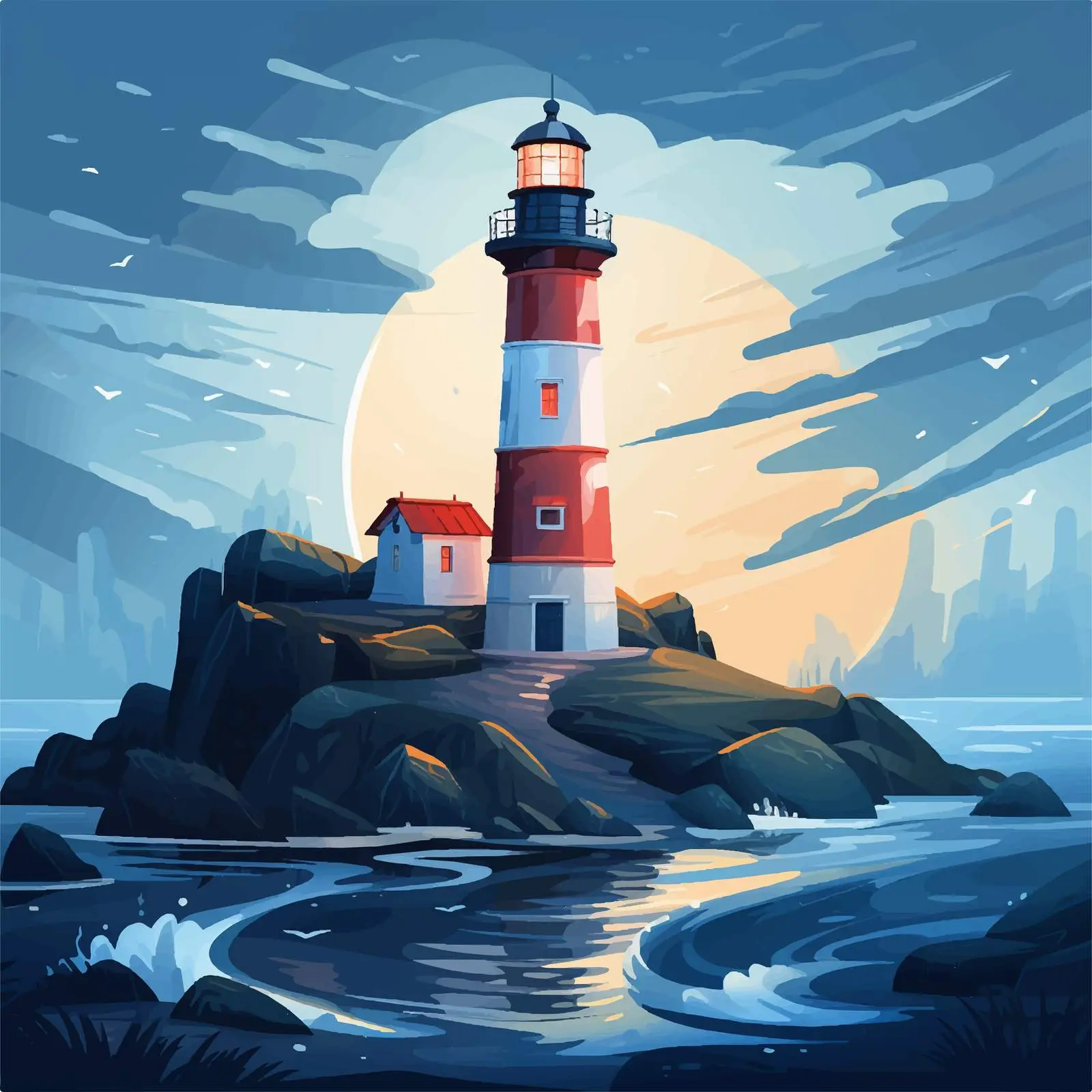 Lighthouse on Rainy Night Seashore Vector — free download from Dotvec