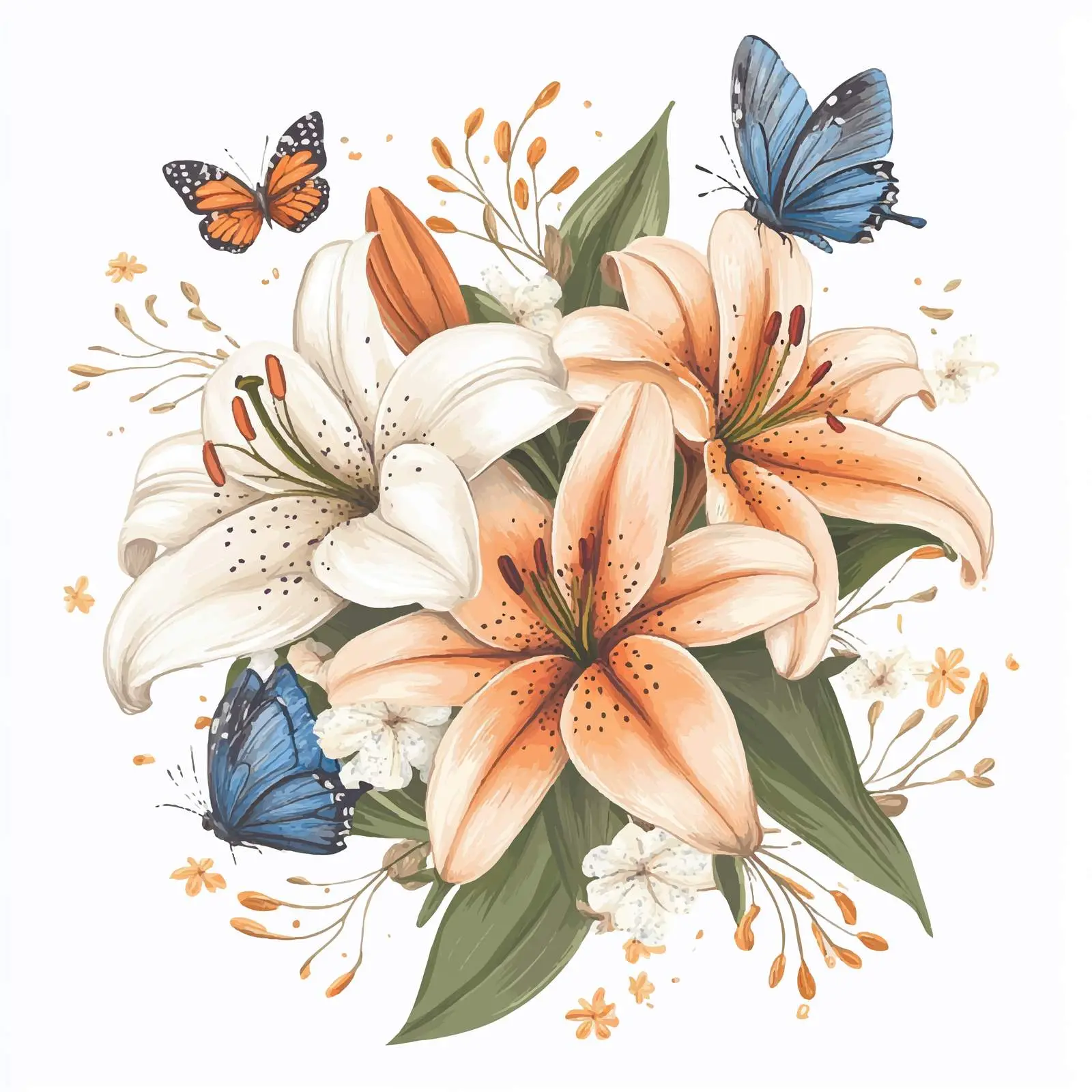 Lilies with Butterflies and Floral Decoration — free download from Dotvec