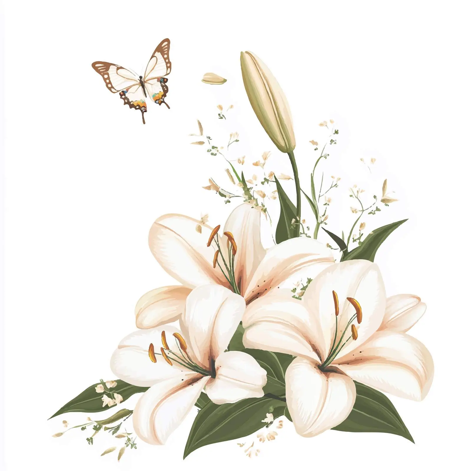 Lilies with Butterflies and Floral Ornament Vector — free download from Dotvec
