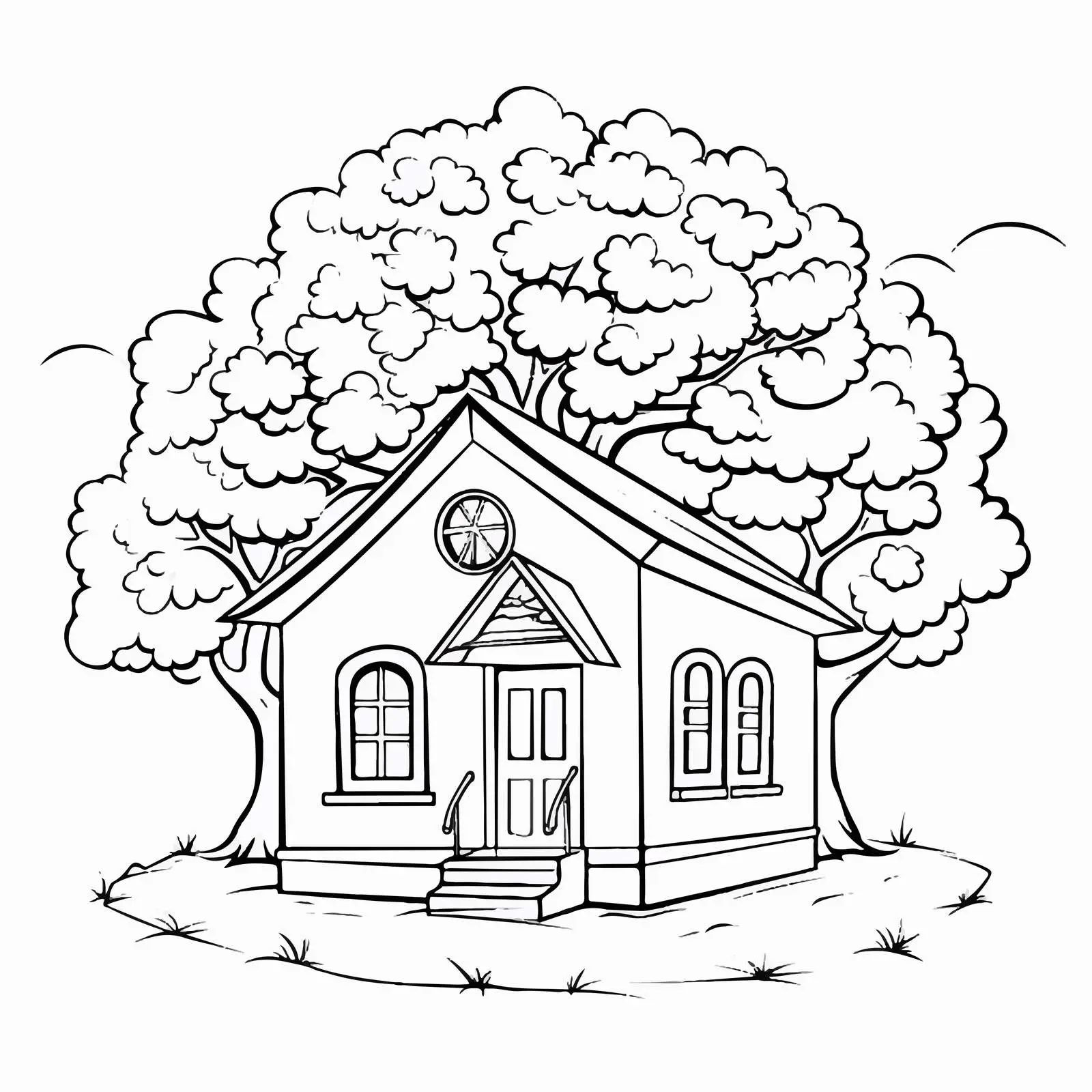 Traditional Schoolhouse Line Art with Tree — free download from Dotvec