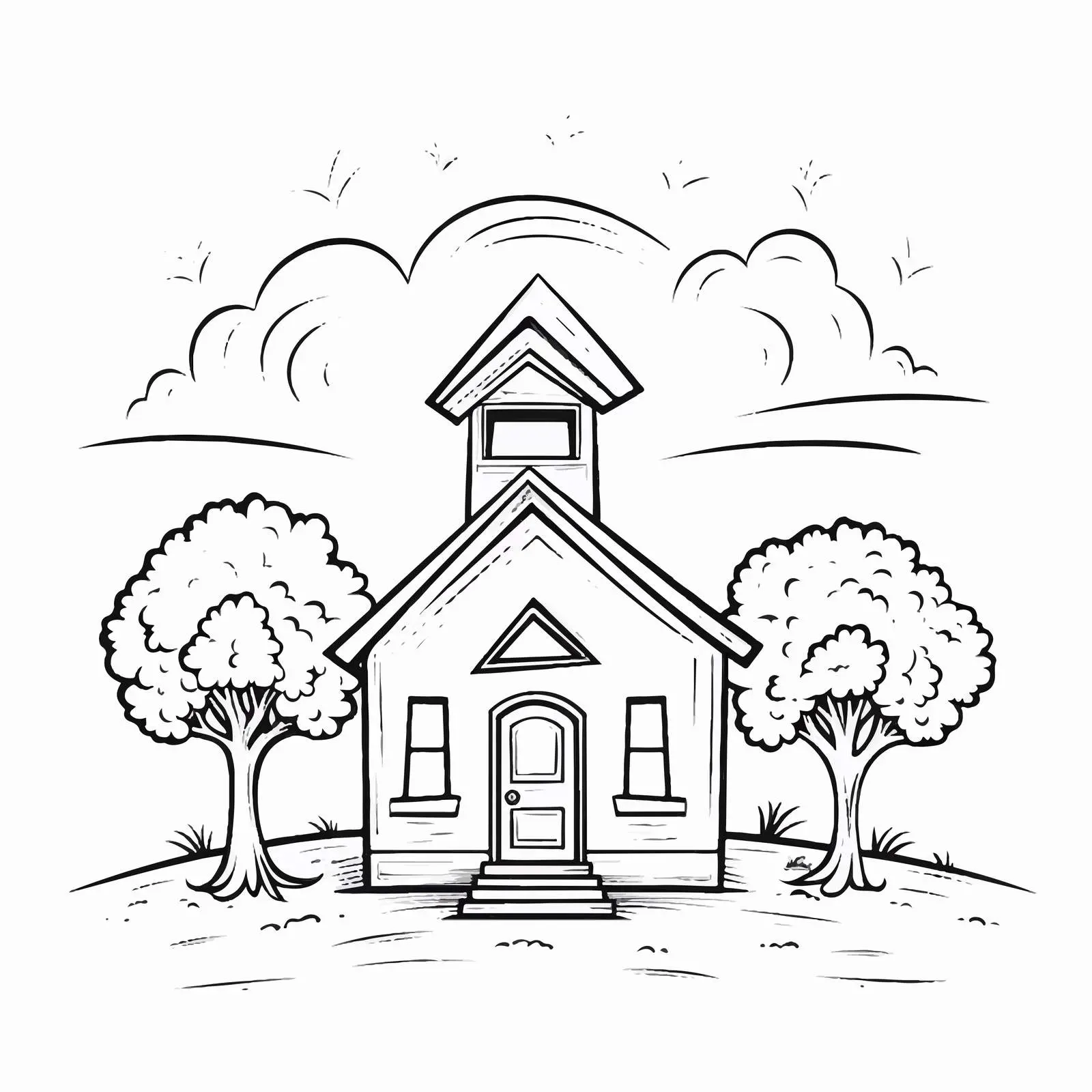Traditional Schoolhouse Line Art with Tree — free download from Dotvec