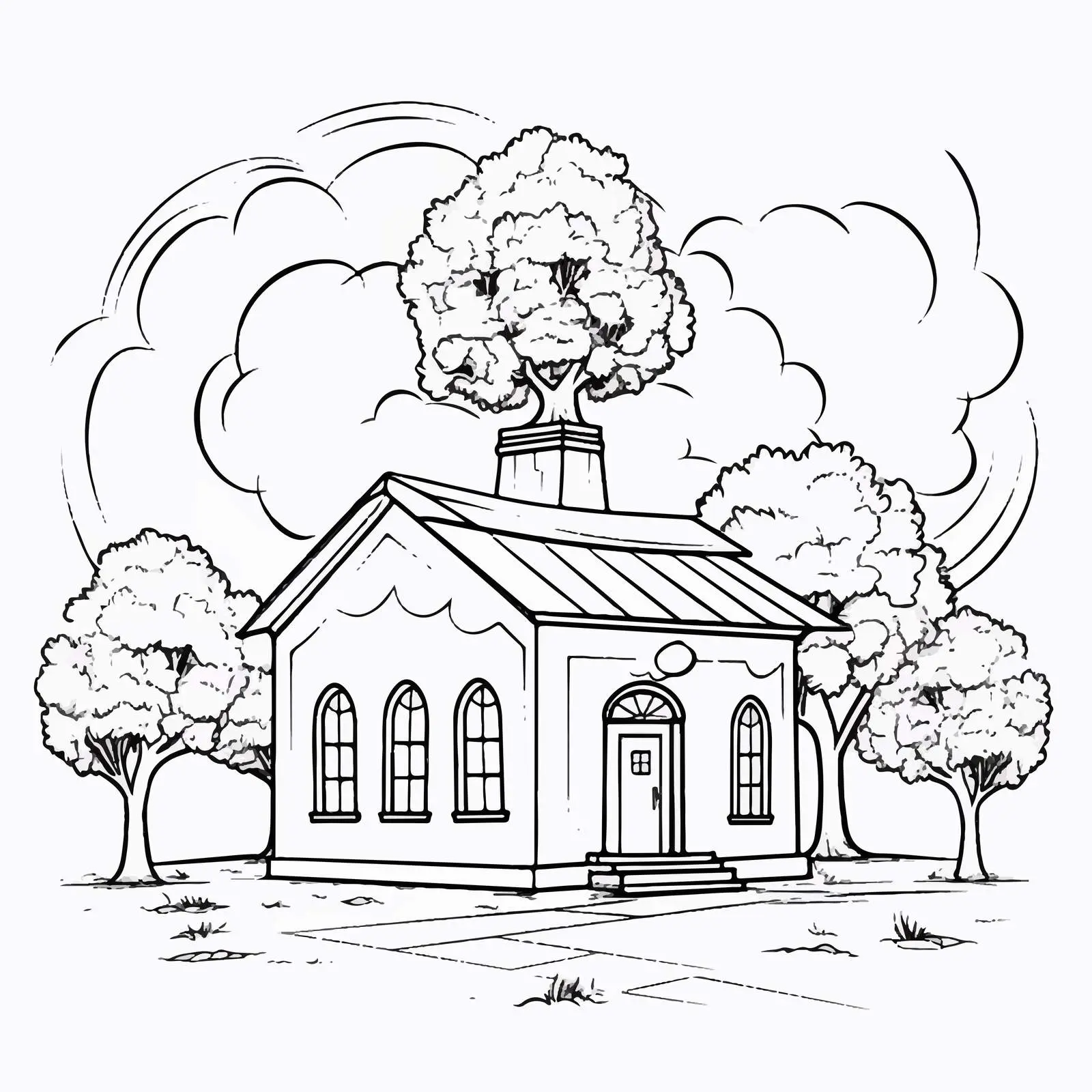 Traditional Schoolhouse Line Art with Tree — free download from Dotvec