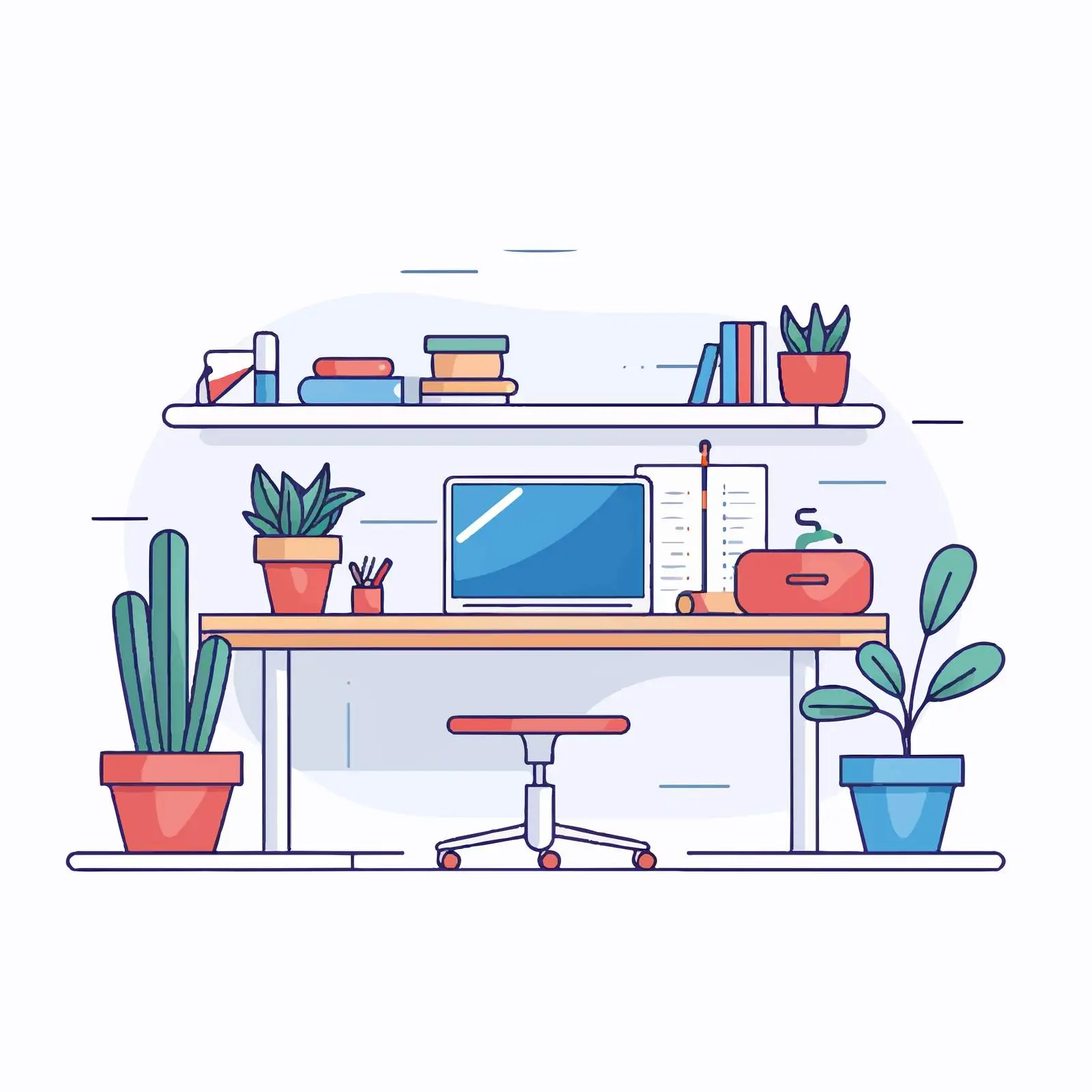 Flat Style Workplace Interior Outline Illustration — free download from Dotvec
