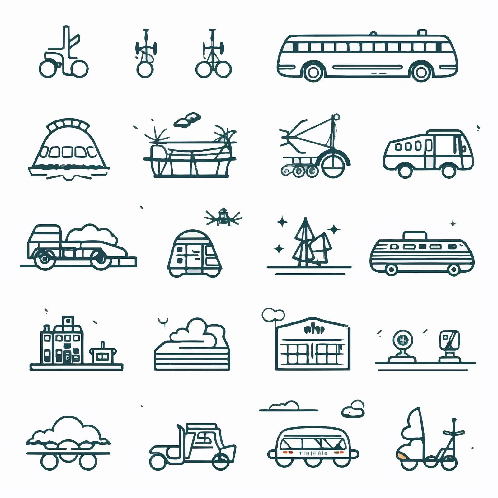 Line Art Icons of Transport: Ground, Air, Water – free cartoon transport image from Dotvec