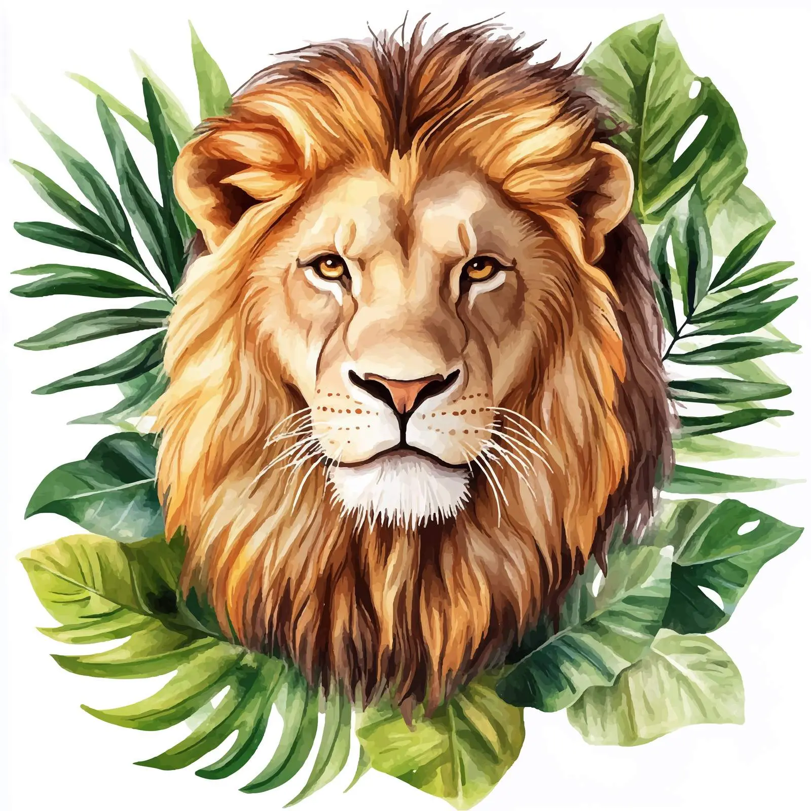 Lion Watercolor Illustration with Tropical Leaves — free download from Dotvec
