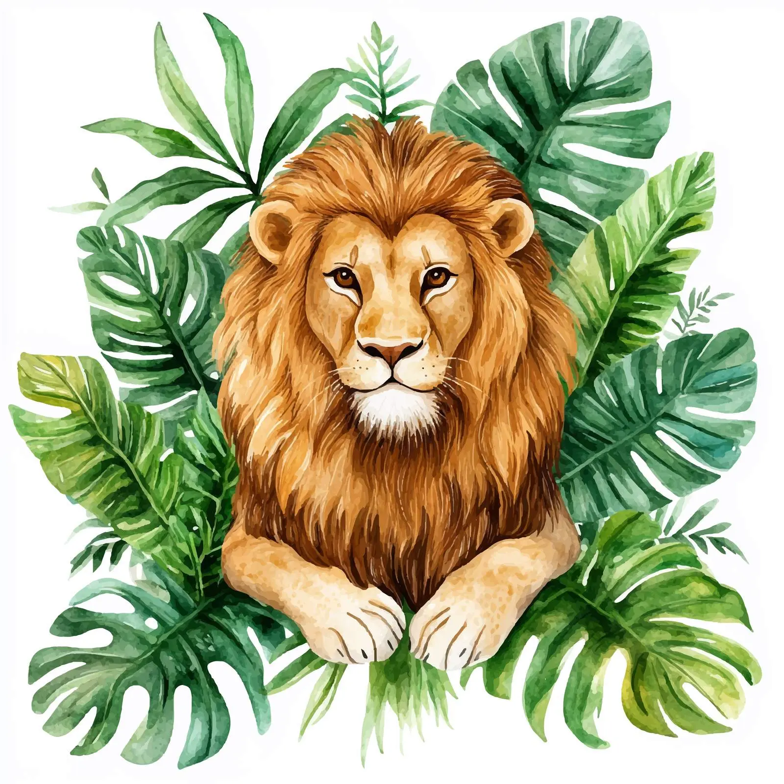 Cartoon Lion with Tropical Leaves Watercolor — free download from Dotvec
