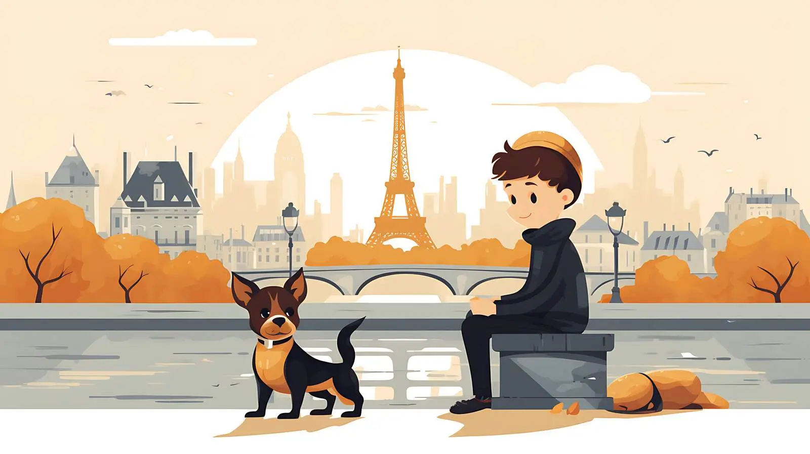 Parisian Boy with Dog Vector Illustration — free download from Dotvec