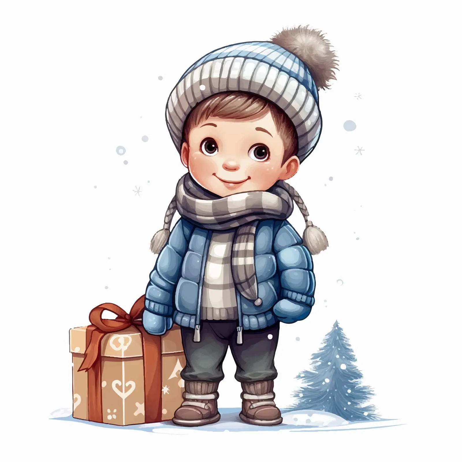 Cute Cartoon Boy in Winter Clothes with Gift — free download from Dotvec