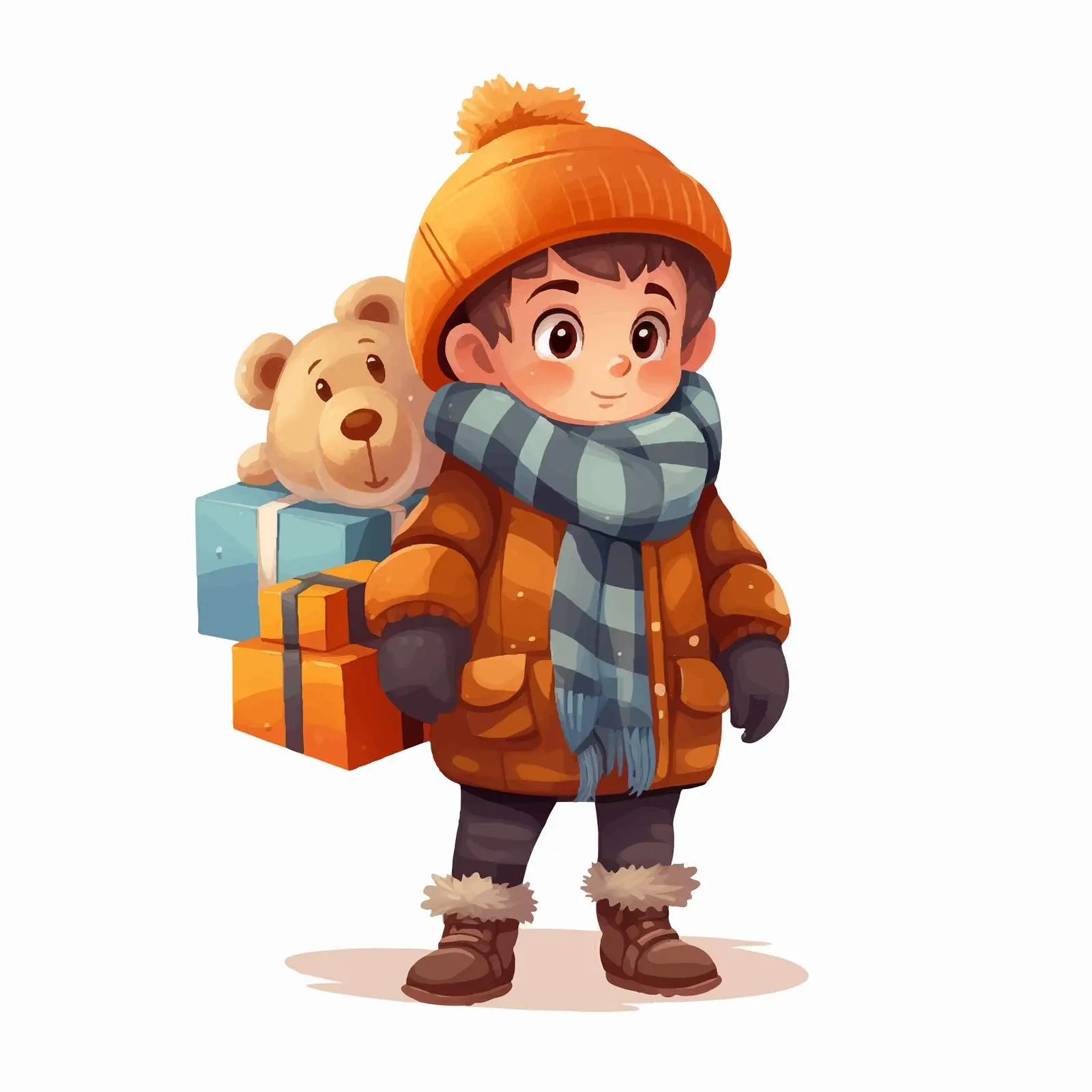Little Boy in Winter Clothes with Gift Vector — free download from Dotvec
