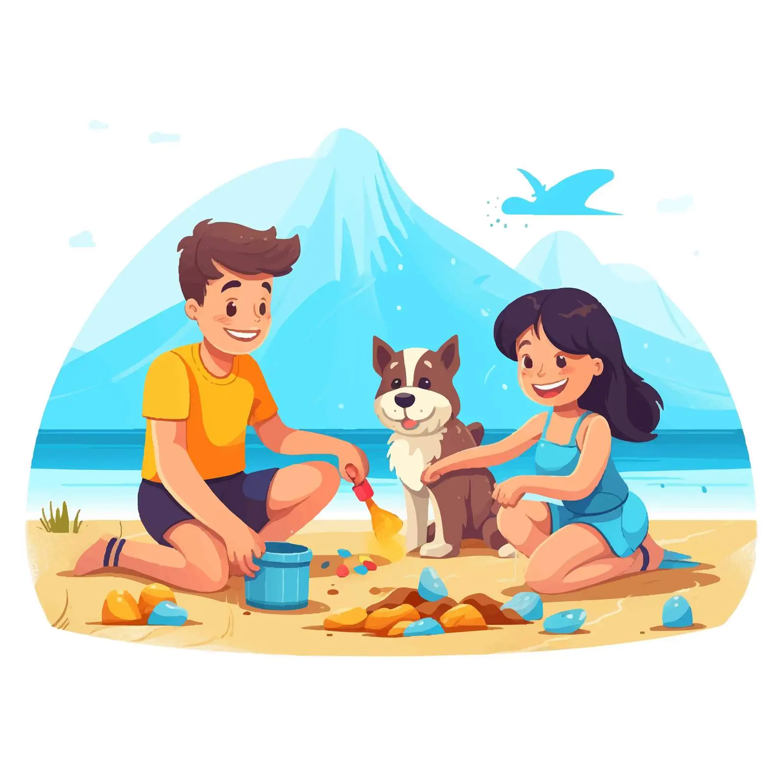 Children Playing with Dog on Summer Beach — free download from Dotvec