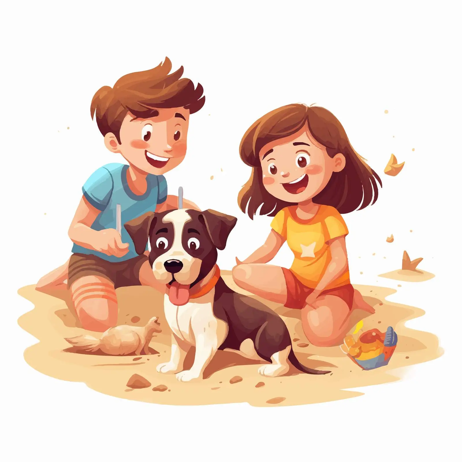 Children Playing with Dog on Summer Beach – free sandbox image from Dotvec