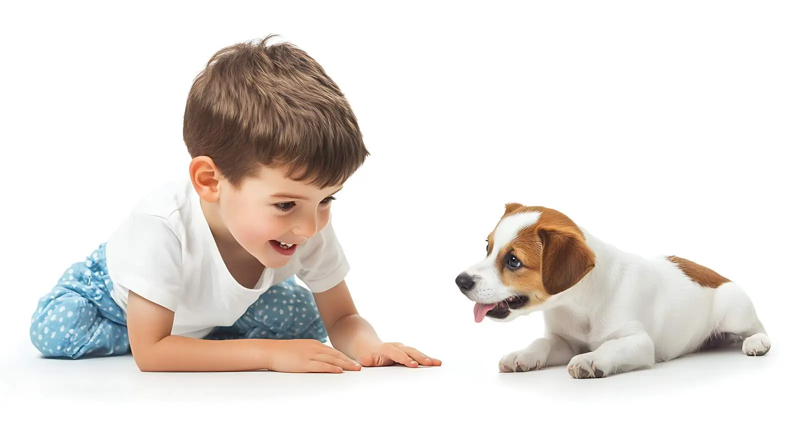Cute Boy Playing with Dog on White Background — free download from Dotvec