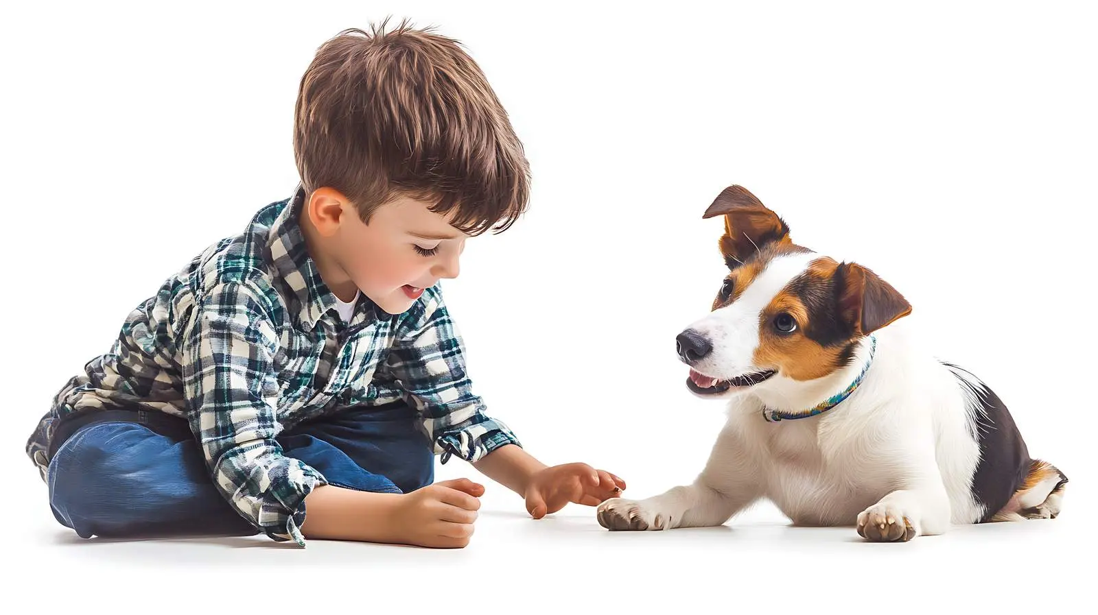 Cute Boy Playing with Dog on White Background — free download from Dotvec