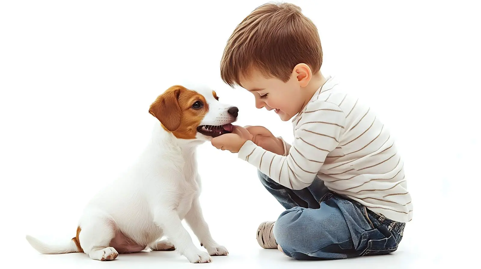 Cute Boy Playing with Dog on White Background – free energetic image from Dotvec