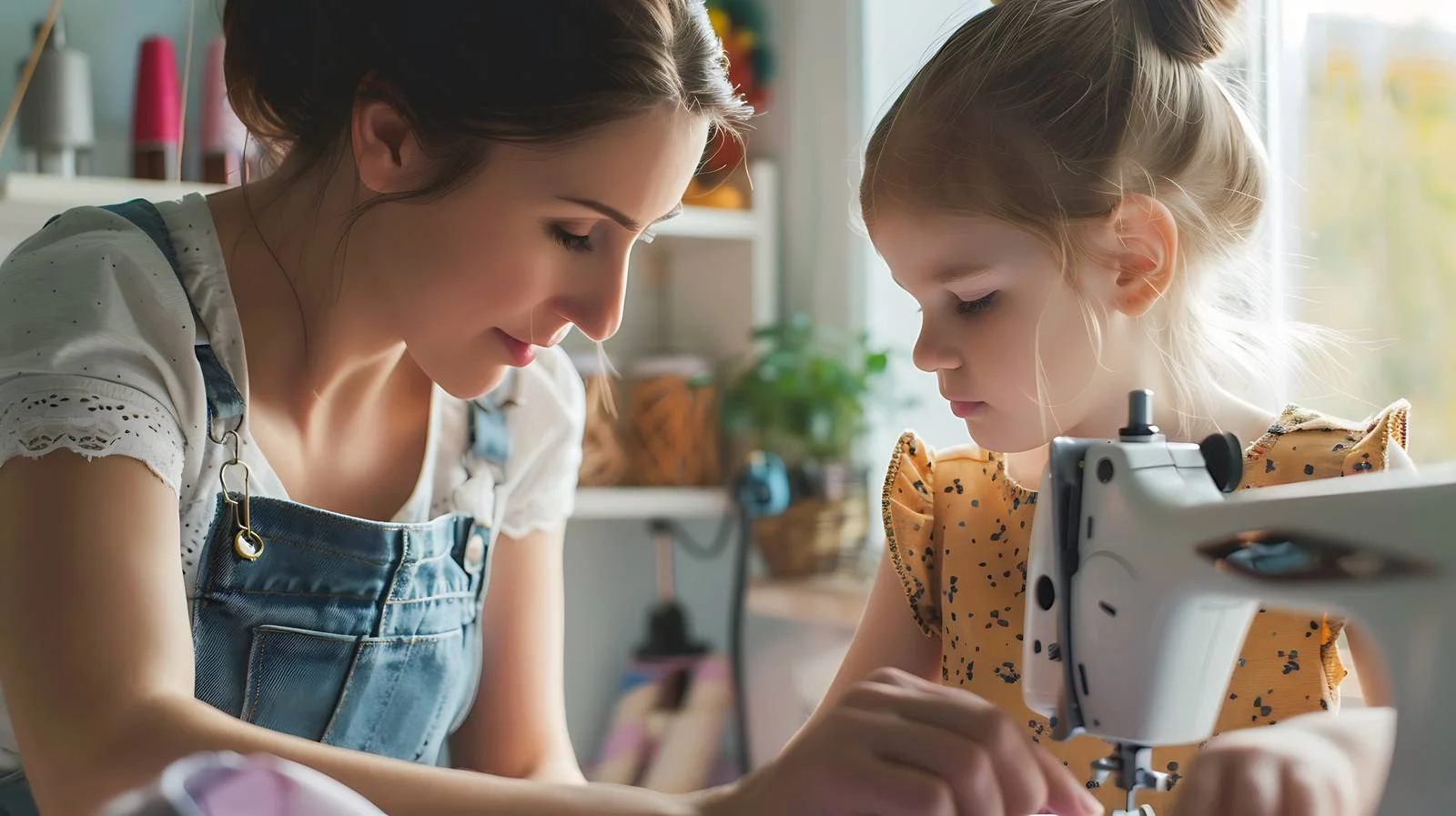 Child Observing Mother Sewing on Machine — free download from Dotvec