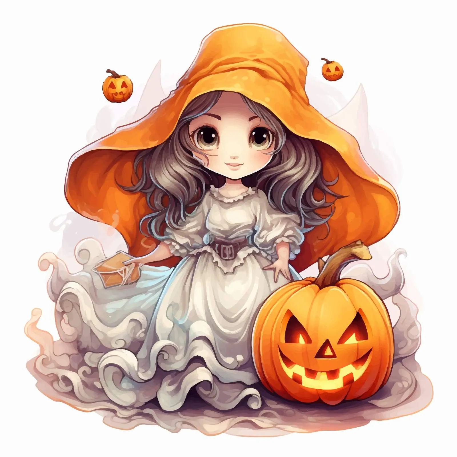 Little Ghost Girl with Pumpkin Halloween Illustration — free download from Dotvec
