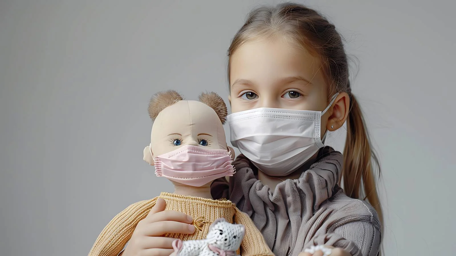 Young Girl and Doll in Face Masks — free download from Dotvec