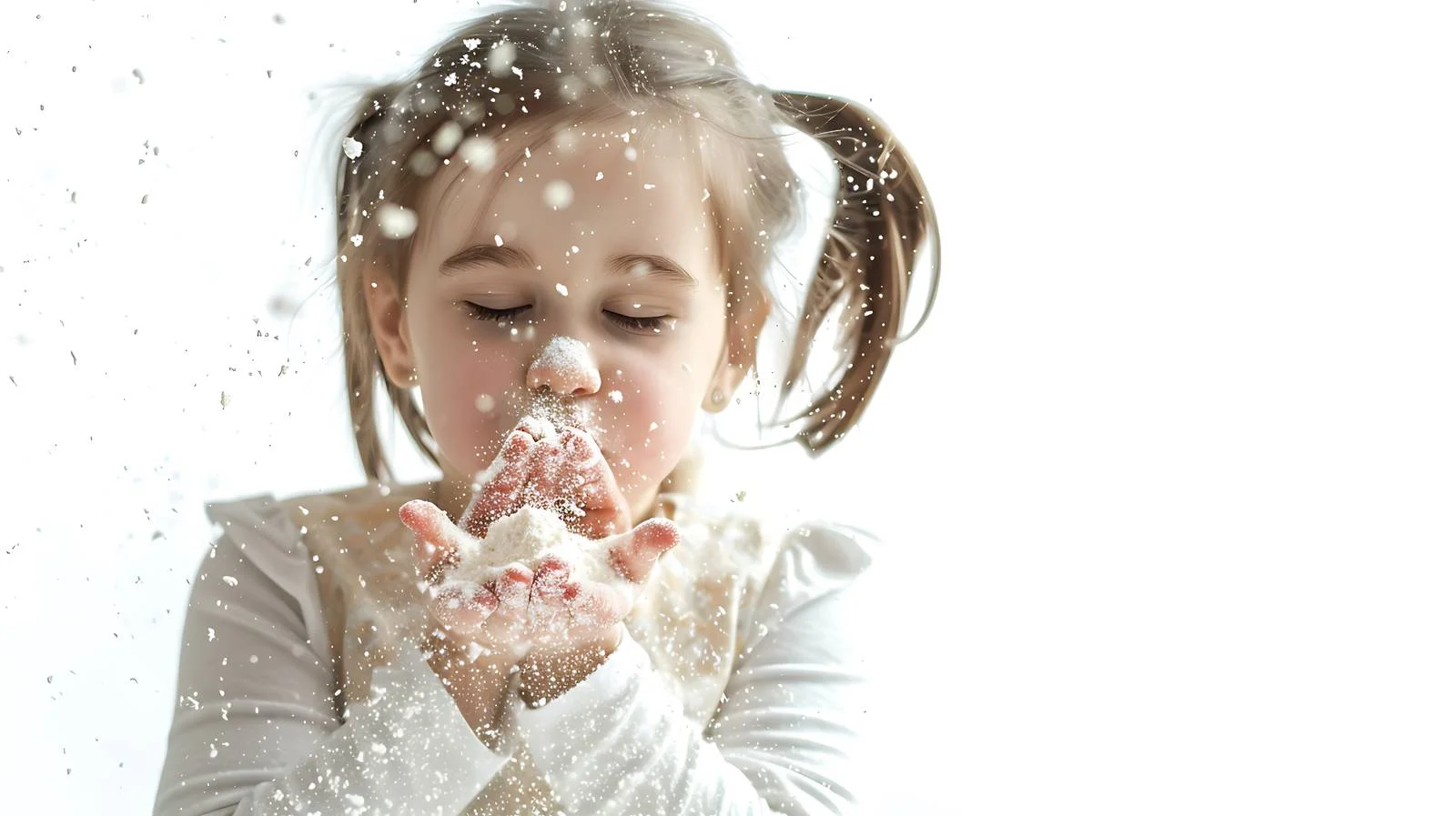 Playful girl scattering flour in kitchen — free download from Dotvec