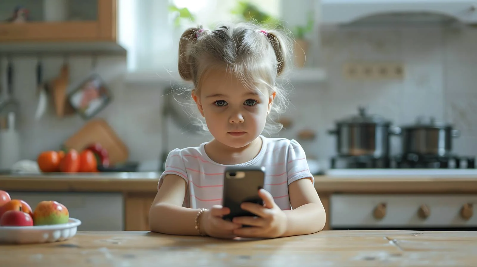 Young Girl Using Smartphone in Kitchen — free download from Dotvec