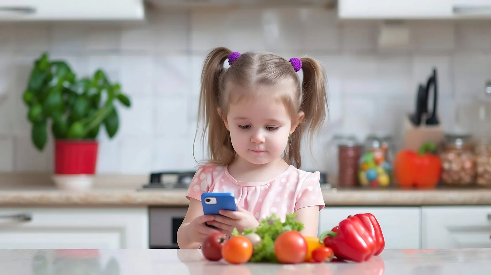 Child Using Smartphone in Kitchen — free download from Dotvec
