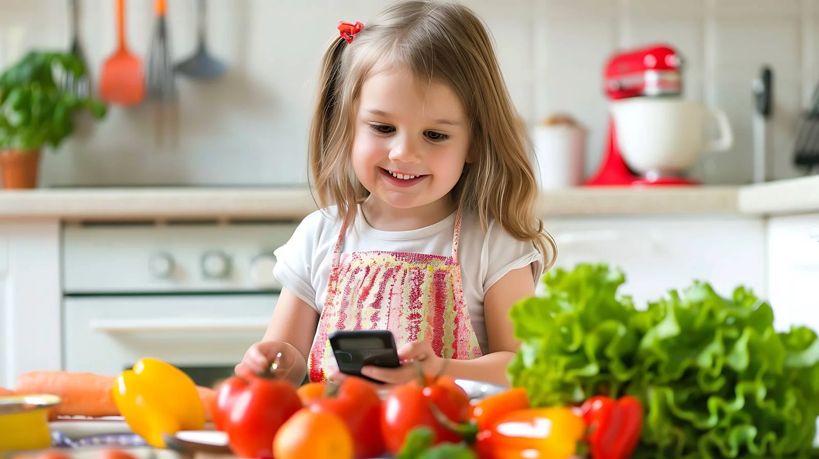 Young Girl Using Smartphone in Kitchen — free download from Dotvec