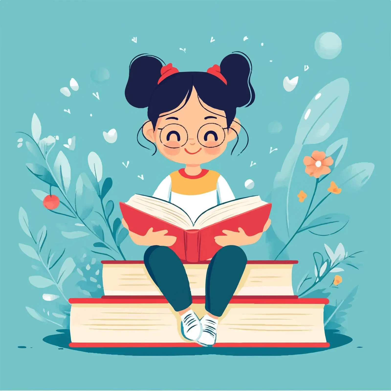 Young Student Girl Reading Books Vector Illustration — free download from Dotvec