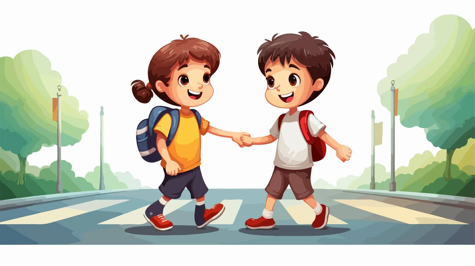 Children Crossing Road with Friend Cartoon — free download from Dotvec