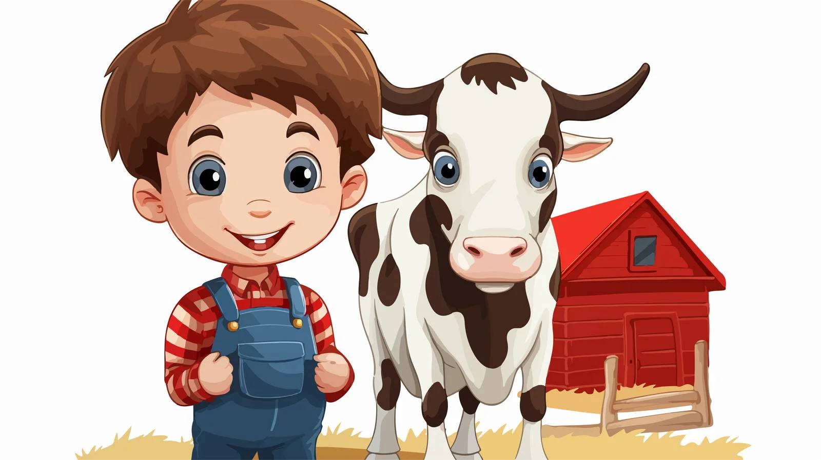 Child Milking Cow in Cartoon Red Barn — free download from Dotvec