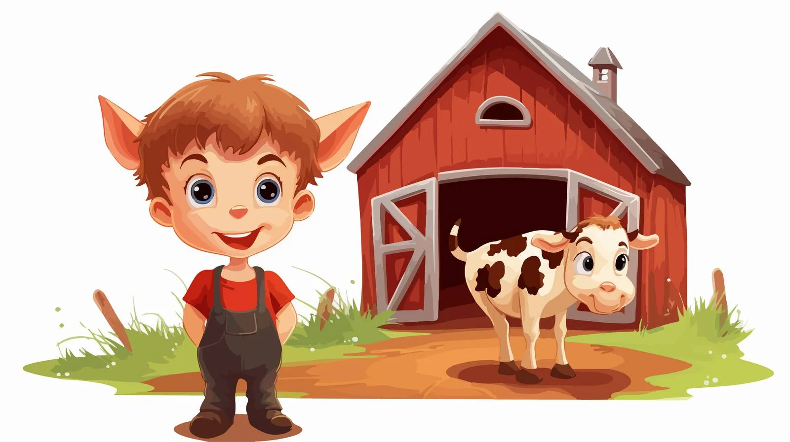 Child Milking Cow in Red Barn Cartoon — free download from Dotvec
