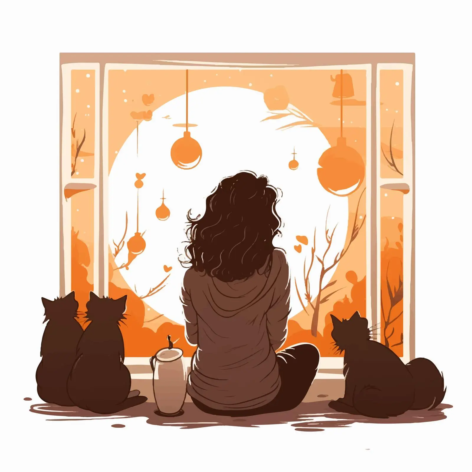 Lonely Woman with Cats near Window Vector — free download from Dotvec