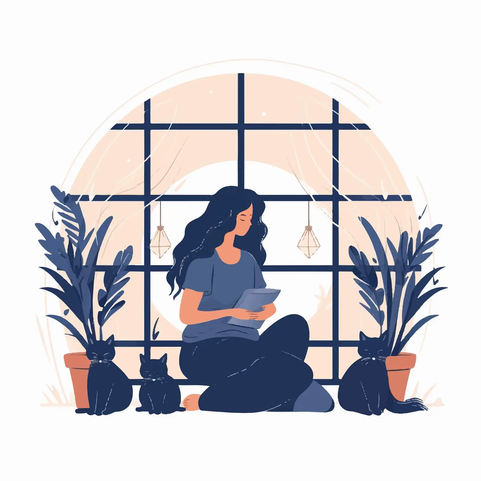 Lonely Woman with Cats by Window Illustration — free download from Dotvec